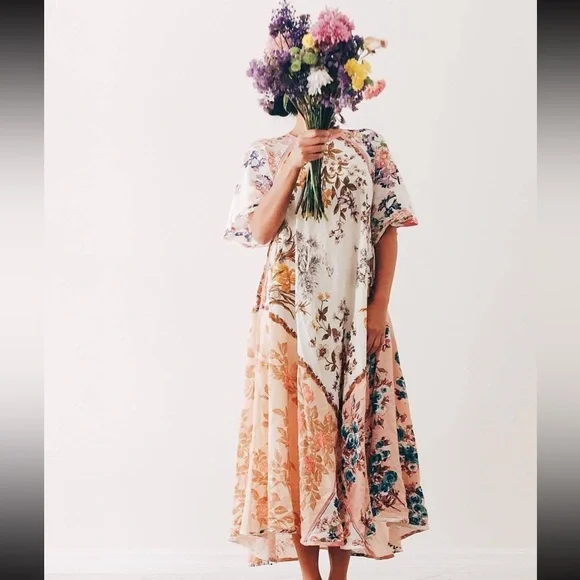 NWT Pink Gold Floral Maxi Duster Baroque Elegant Shabby Chic Dress - Picture 1 of 9